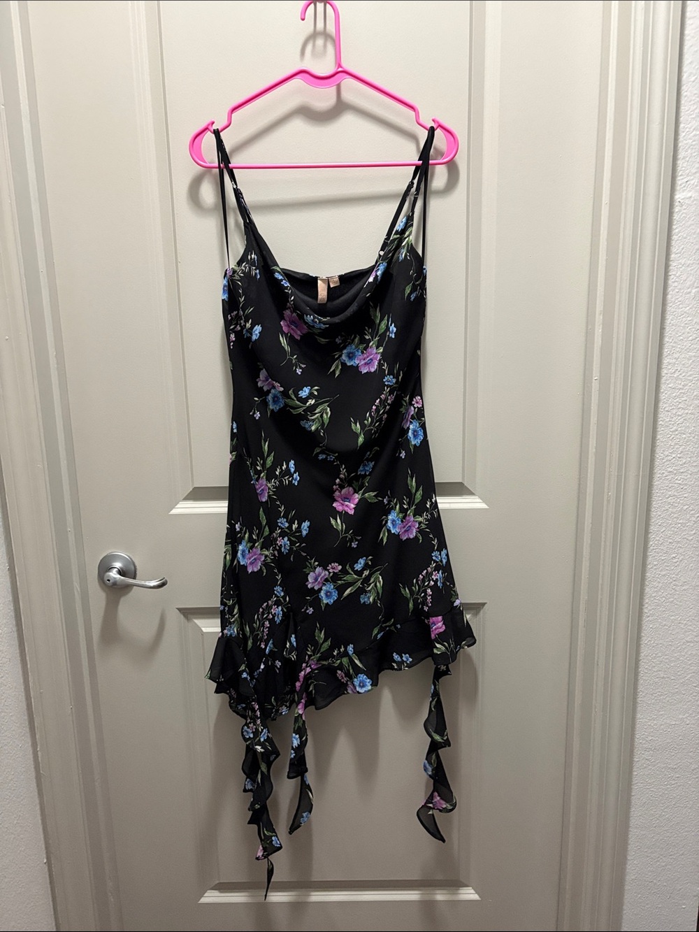 Floral Cowl Neck Mini Dress in Black with Purple & Blue Blooms